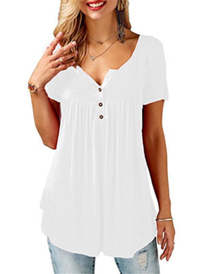 Short Sleeve Gathered Casual  Buttoned Crew Neck Top